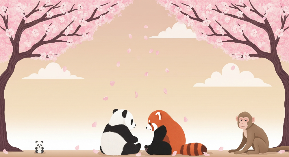 Panda and Red Panda Under Cherry Blossom Wall Mural