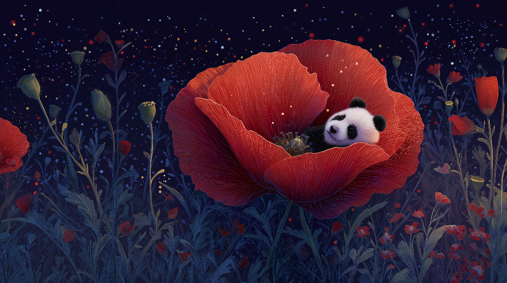 Kids-Mundo flat artwork of a baby panda nestled inside a large red poppy at night