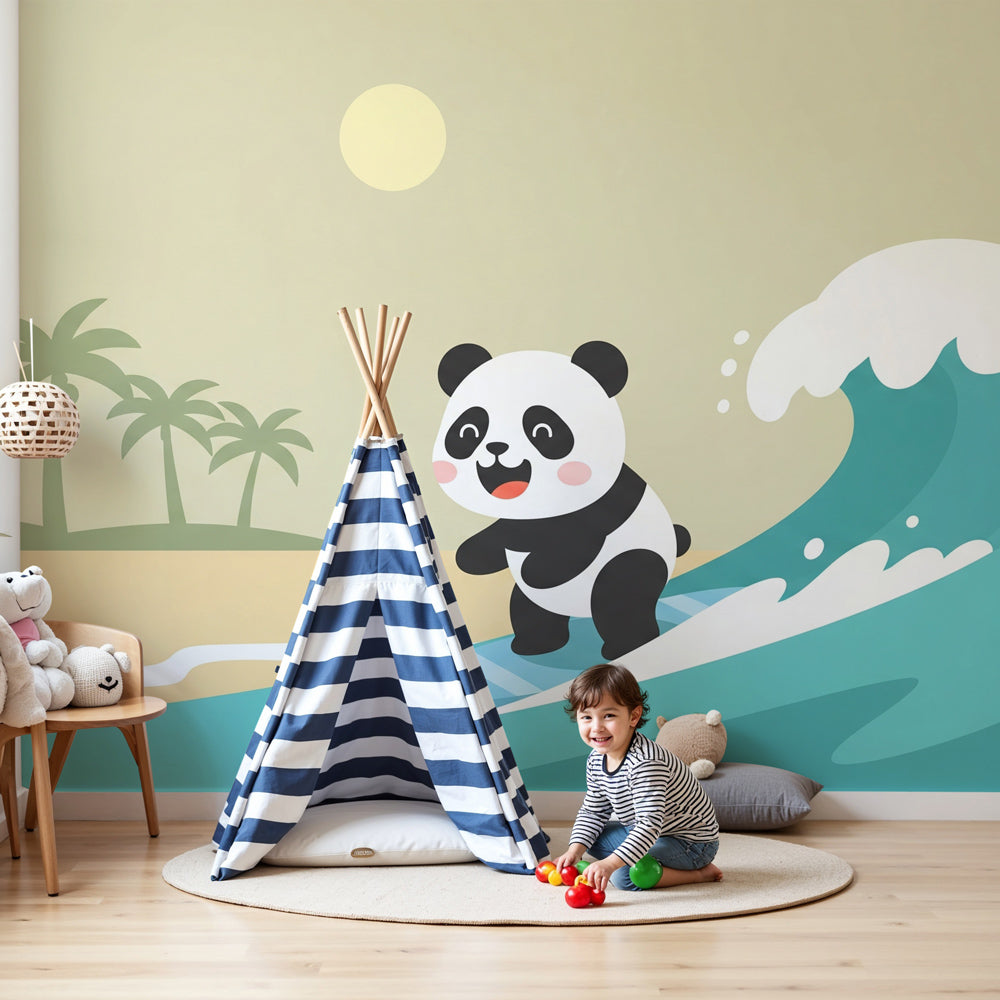 Panda surfer mural wallpaper creating tropical beach atmosphere in modern kids nursery by Kids-Mundo