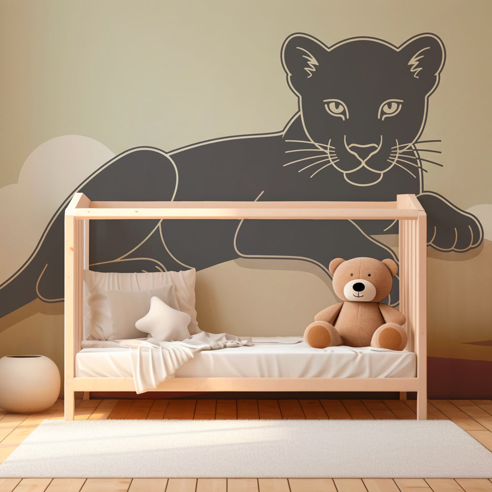 Elegant panther wallpaper transforming nursery into calming wildlife sanctuary with natural tones