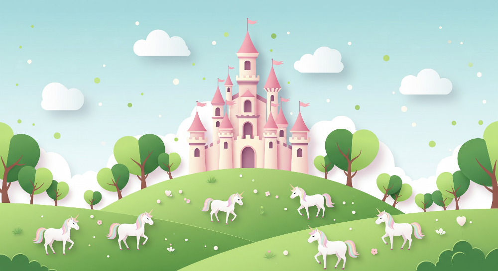 Paper-Cut Style Pastel Castle and Unicorns Wall Mural