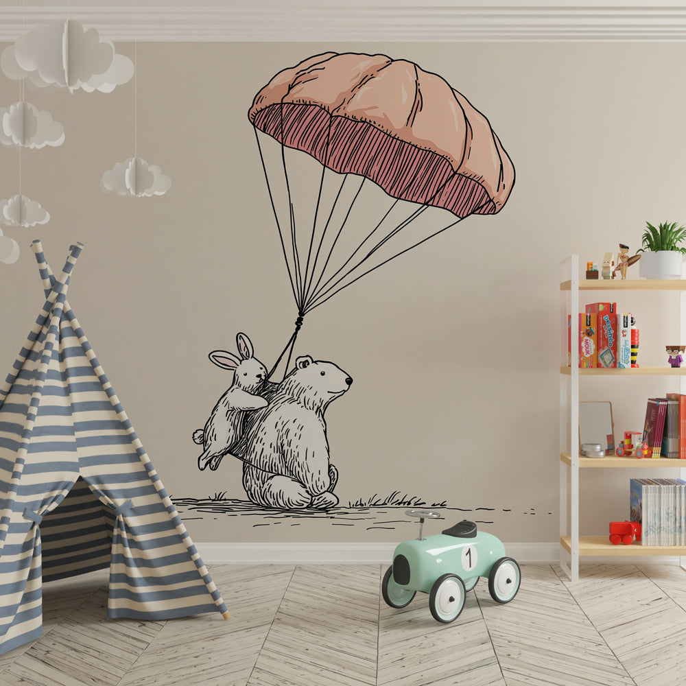 Bear and rabbit adventure wallpaper creating cozy children's bedroom atmosphere