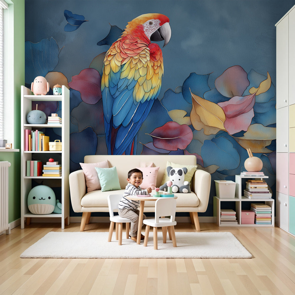 Colorful parrot mural wallpaper with autumn leaves in modern nursery by Kids-Mundo