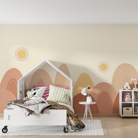 Kids-Mundo pastel hills and sunshine mural as a calming feature wall in a kids' bedroom