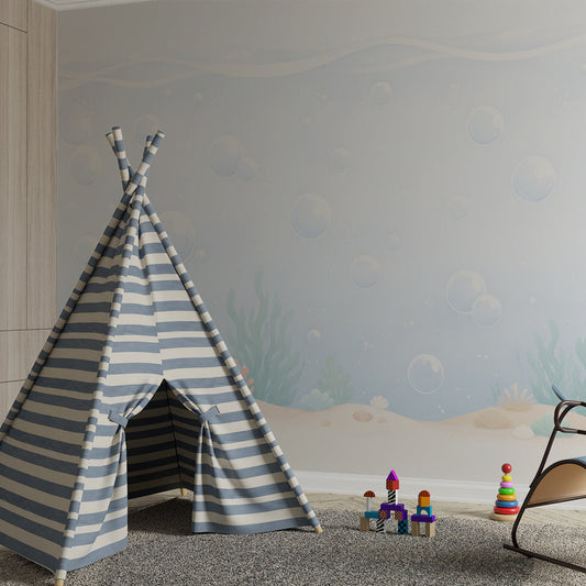 Kids-Mundo pastel underwater bubble wall mural behind a bed in a bedroom
