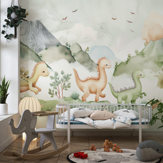 Kids-Mundo dinosaur and volcano wall mural covering a feature wall in a gentle kids bedroom.