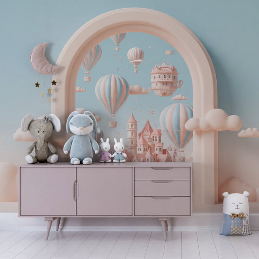 Kids-Mundo pastel cloud castle archway mural covering a feature wall in a kids' bedroom