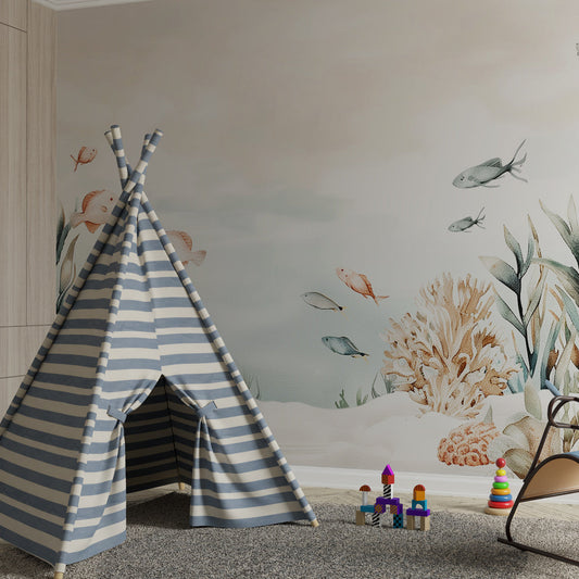 Kids-Mundo ocean wall mural featuring pastel coral and fish behind a bed in a kids bedroom