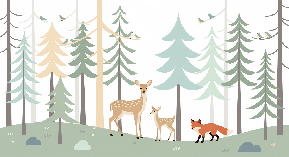 Pastel Deer, Fawn and Fox Forest Wall Mural