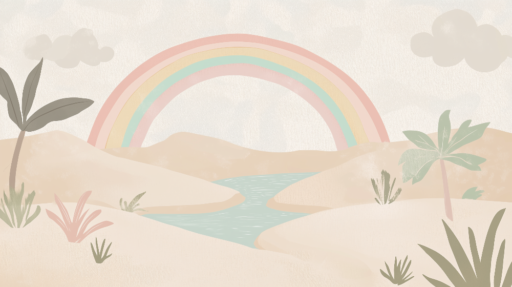 Kids-Mundo flat artwork preview of the pastel desert rainbow oasis wall mural design