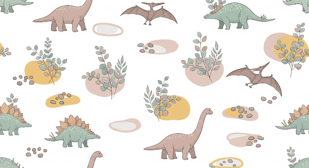 Pastel Dinosaurs and Botanical Sprigs Wall Mural