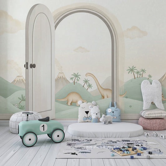 Kids-Mundo arched-door dinosaur hills mural featured on a kids bedroom wall