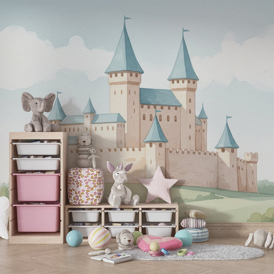 Kids-Mundo castle wall mural covering a feature wall in a child's storybook bedroom.