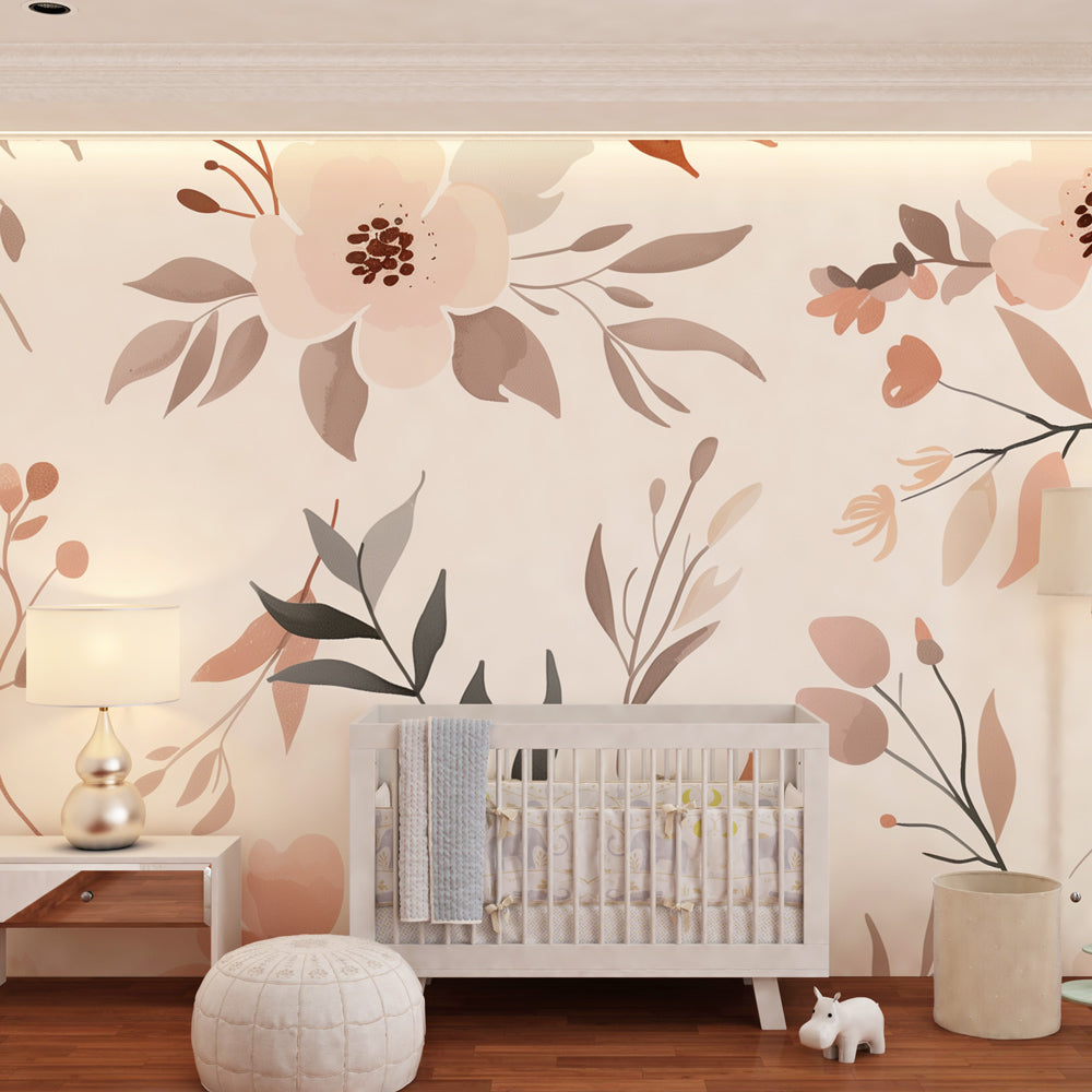 Modern nursery featuring delicate floral wallpaper in soft pastel colors for baby's bedroom