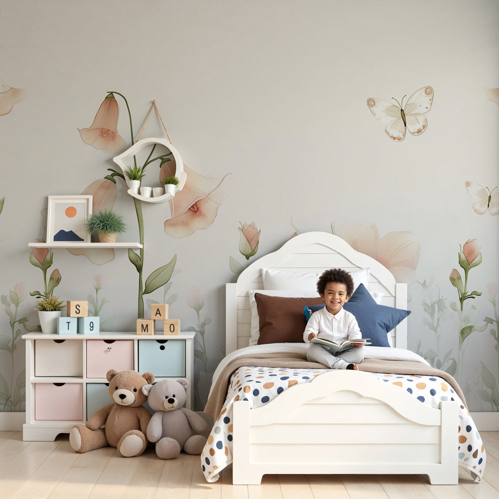 Pastel floral mural wallpaper with butterflies in modern baby nursery by Kids-Mundo