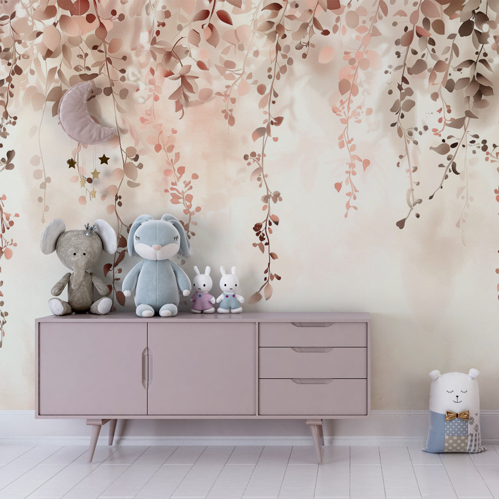 Gentle cascade foliage wallpaper in modern baby bedroom with crib and soft lighting by Kids-Mundo