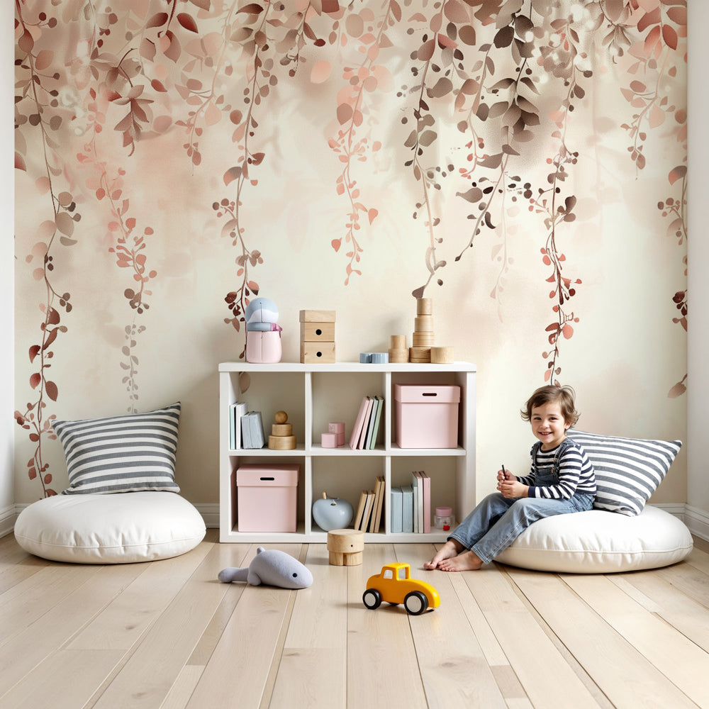 Pastel foliage mural wallpaper creating serene nursery atmosphere with soft multicolor leaves by Kids-Mundo
