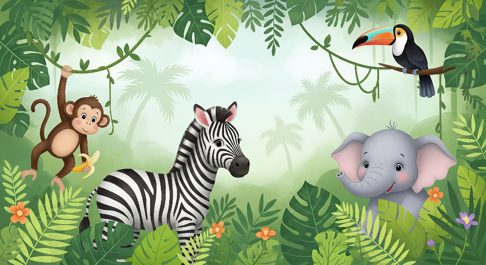 Playful Jungle Friends with Zebra and Elephant Wall Mural