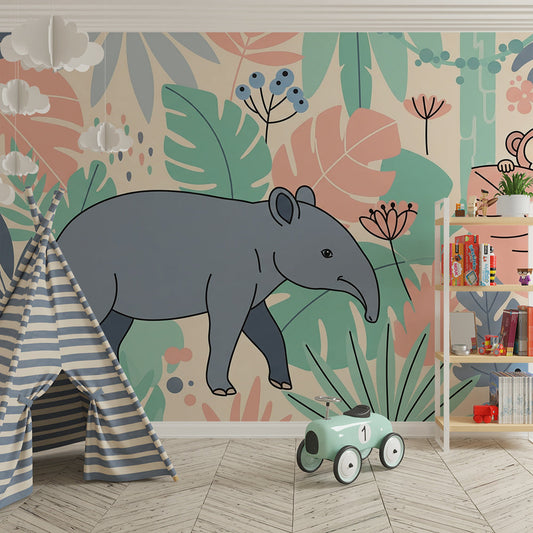 Kids-Mundo tapir and monkey wall mural behind a bed in a soothing pastel bedroom.