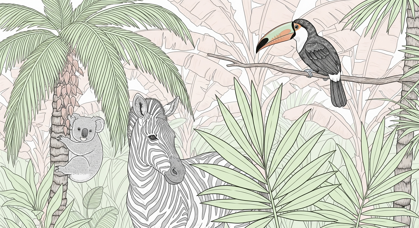 Kids-Mundo flat artwork preview of the pastel koala, zebra and toucan wall mural design