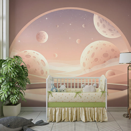 Kids-Mundo dome window mural of pastel moons above a bed in a child's bedroom.