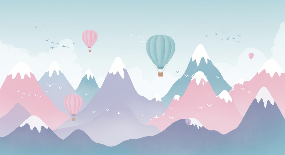 Pastel Mountains Hot Air Balloons Wall Mural