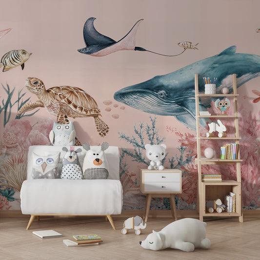 Kids-Mundo ocean wall mural on a kids bedroom wall, bringing whale and turtle characters into the room.