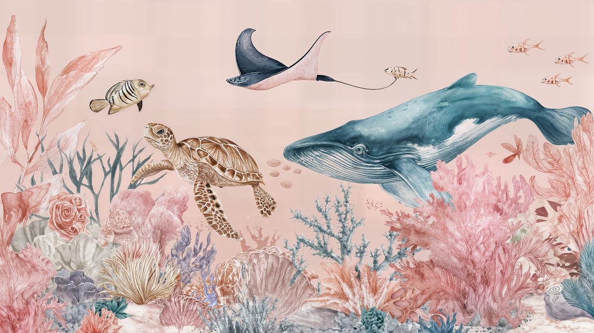 Pastel Ocean World with Whale and Turtle Wall Mural