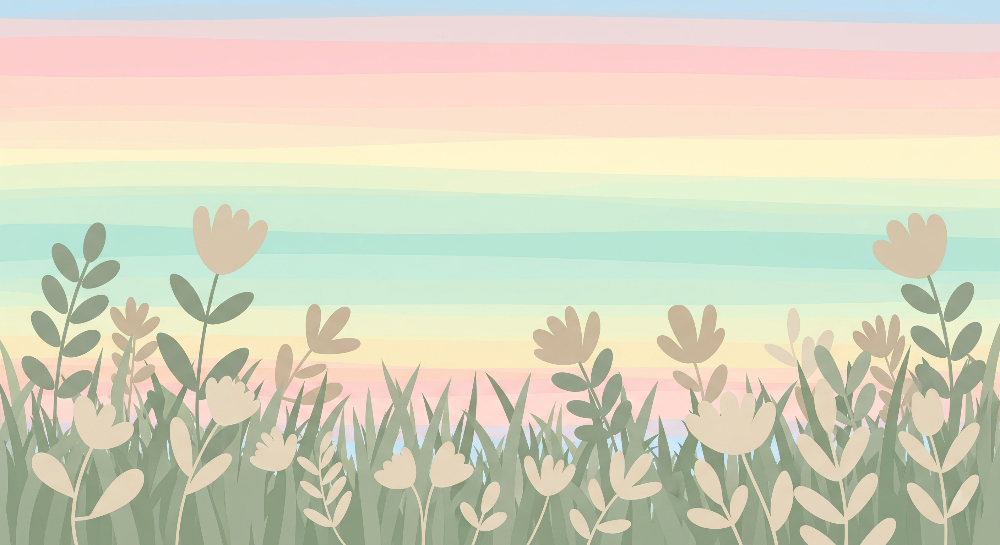 Flat artwork of the Kids-Mundo pastel rainbow wall mural with wildflower meadow and grasses