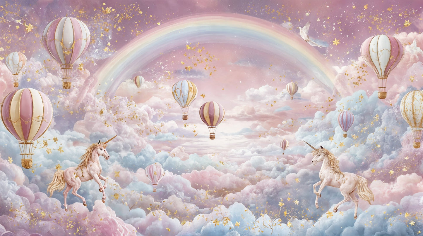 Kids-Mundo flat artwork preview of the rainbow, unicorns and hot air balloons wall mural