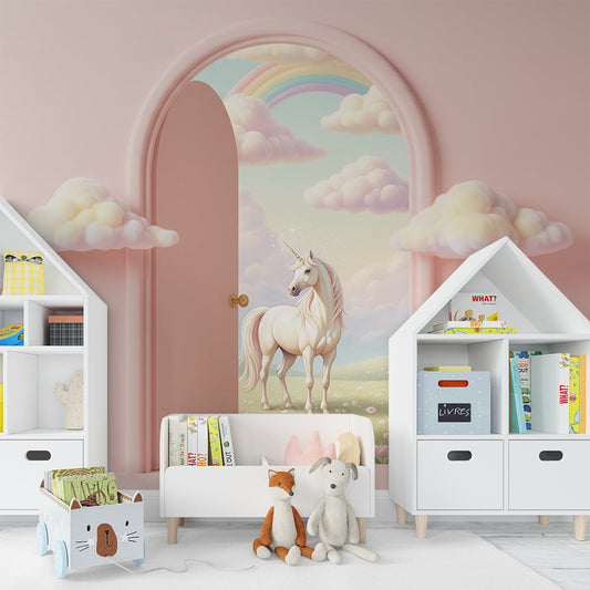 Kids-Mundo unicorn wall mural with a rainbow sky and pink door, styled in a girl's bedroom.