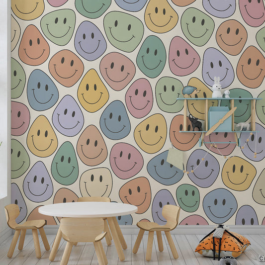 Kids-Mundo pastel smiley faces pattern wall mural styled in a kids bedroom