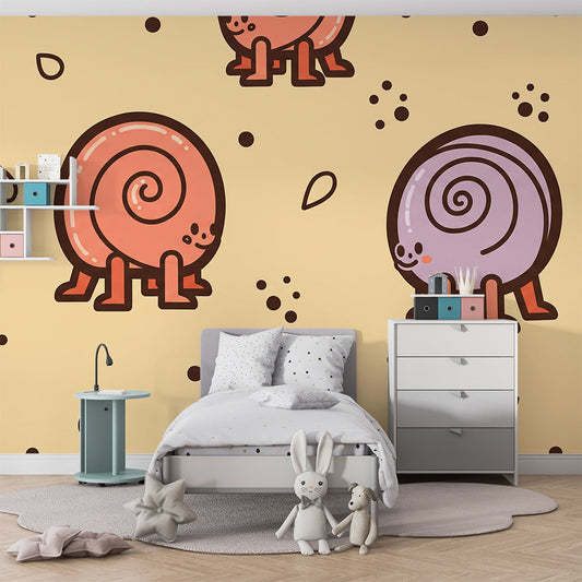 Kids-Mundo coral and lavender snail wall mural on a feature wall in a kids bedroom