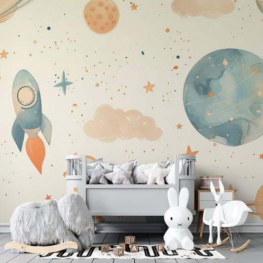 Kids-Mundo pastel space wall mural covering a feature wall in a bright kids bedroom.