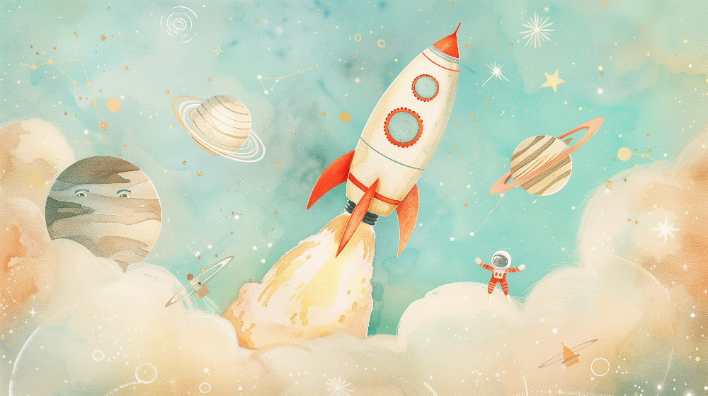 Pastel Space Rocket with Planets and Astronaut Wall Mural