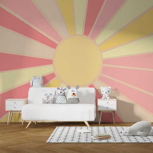 Kids-Mundo sunburst wallpaper mural in a warm pastel kids bedroom with a cosy reading nook.