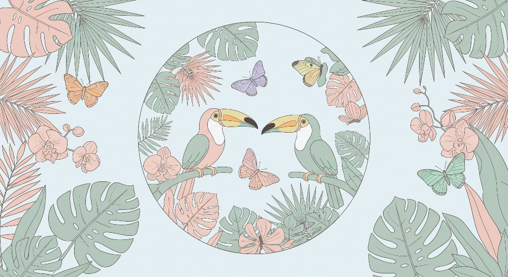 Kids-Mundo flat artwork of pastel toucans, orchids and leaves wall mural design
