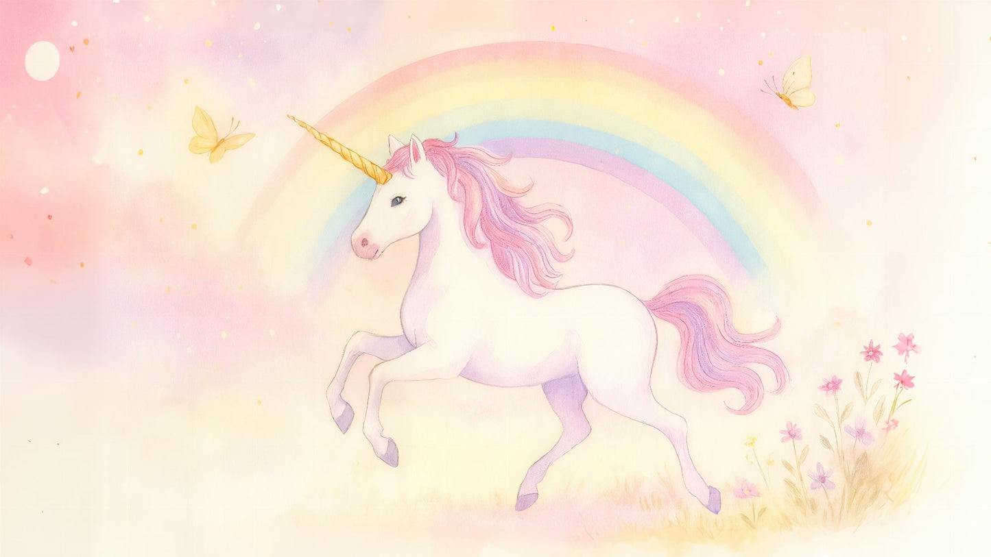 Flat artwork of the Kids-Mundo pastel watercolour unicorn wall mural with rainbow, moon and butterflies