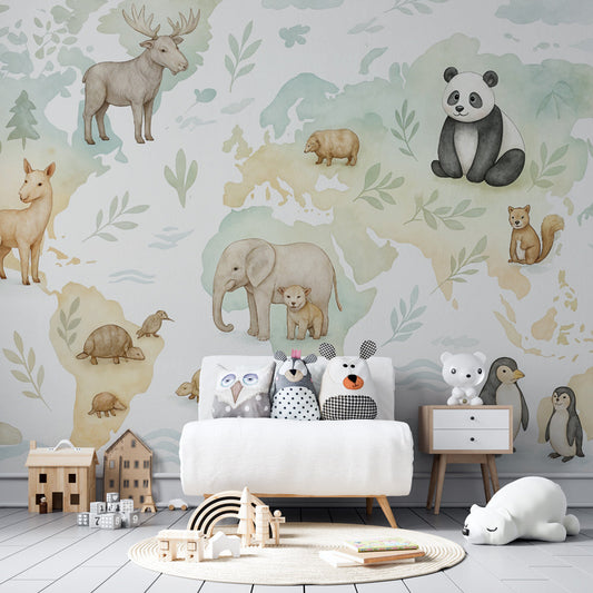 Kids-Mundo pastel animal world map mural covering a child's bedroom wall with painted bear and elephant details
