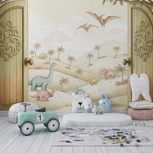 Kids-Mundo watercolour dinosaur doors mural featured on a kids bedroom wall