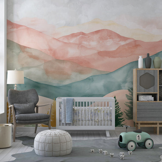 Kids-Mundo watercolour mountain wall mural covering a feature wall in a child's bedroom.