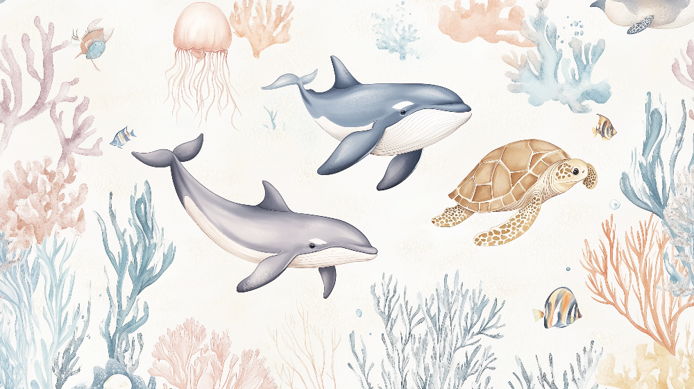 Pastel Whales and Sea Turtle Wall Mural