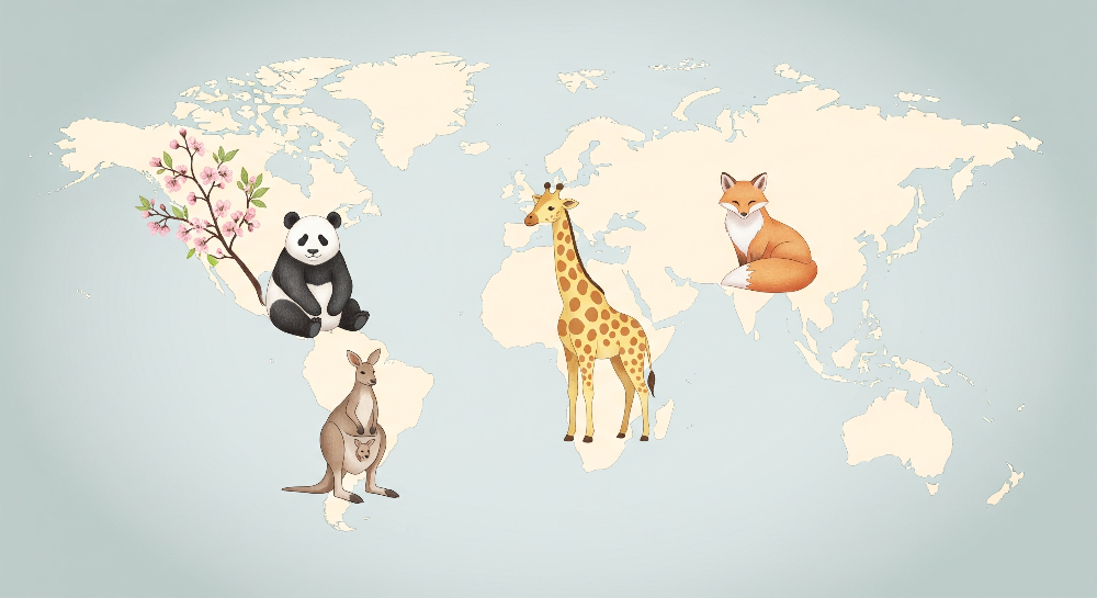 Flat artwork of the Kids-Mundo pastel world map mural with panda, fox, giraffe and kangaroo