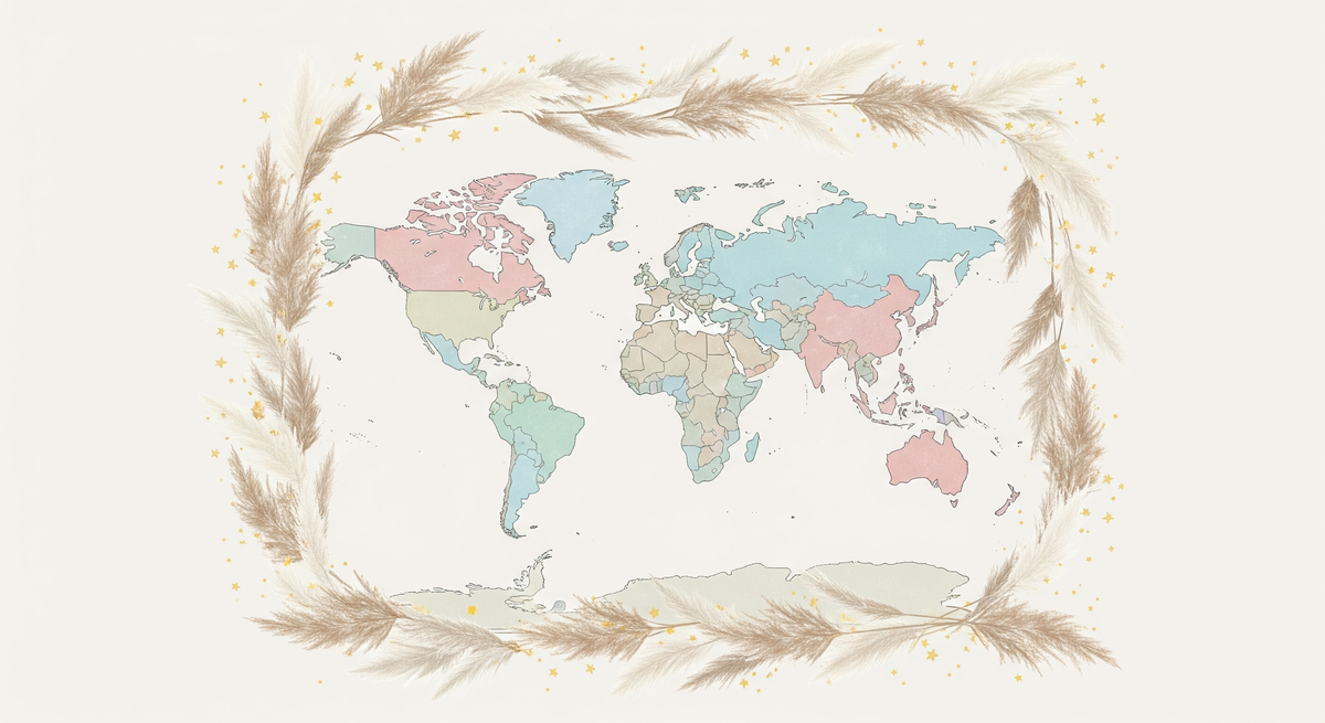 Pastel World Map with Pampas Grass Wreath Wall Mural