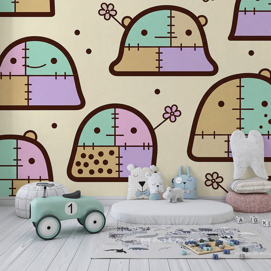 Kids-Mundo cute patchwork bear mural mockup on a kids bedroom feature wall