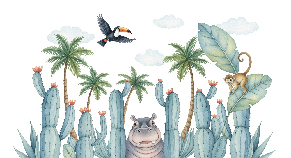 Peeking Hippo and Toucan Cactus Wall Mural