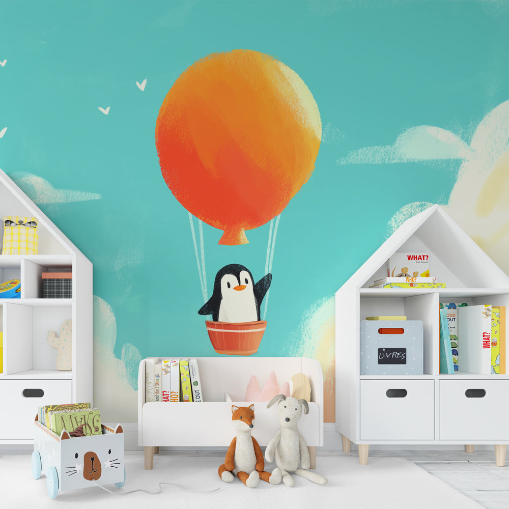 Adventure sky mural wallpaper featuring penguin in balloon creating magical kids bedroom atmosphere