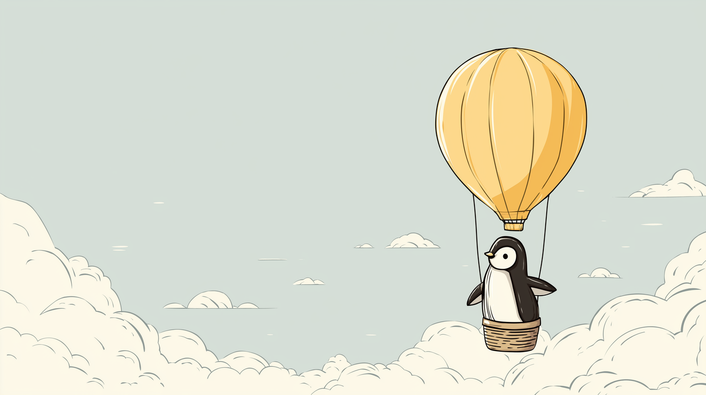 Flat artwork preview of the Kids-Mundo penguin hot air balloon wall mural on a soft sage-green sky