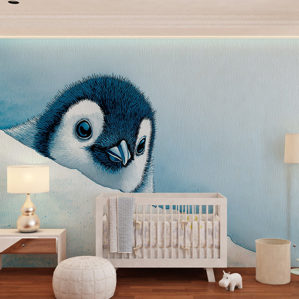 Blue penguin wallpaper transforming children's bedroom into magical polar adventure space with soft lighting