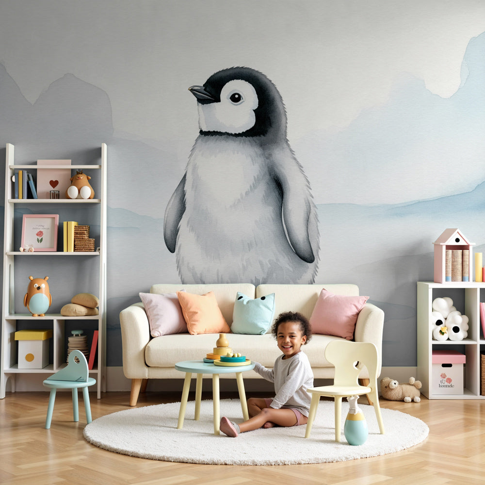 Penguin mural wallpaper in modern nursery with Arctic theme by Kids-Mundo